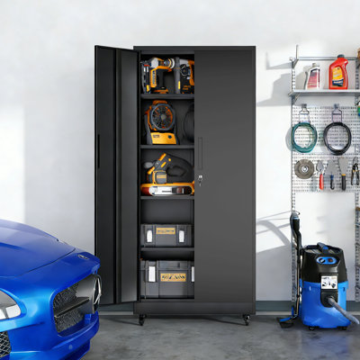 71"H Metal Garage Storage Cabinet With Wheels And Lock, Heavy Duty Rolling Metal Cabinet, 4 Adjustable Shelves (180lb Each), 3-Point Locking Security, For Tool Organization In Garage, Workshop, Office