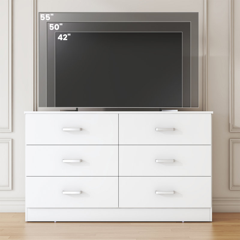 Commode en bois pour chambre à coucher, commode double à 6 tiroirs, commode moderne à tiroirs profonds, grand rangement pour le salon, garde-robe, P 15,8 po x l 47,2 po x H 27,7 po (blanc)