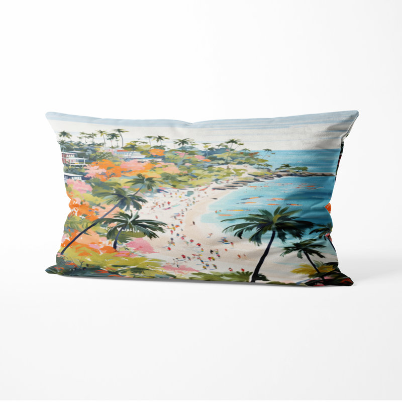 Coussin de plage côtière - Scène de plage côtière paradisiaque aux couleurs pastel III Coussin décoratif imprimé