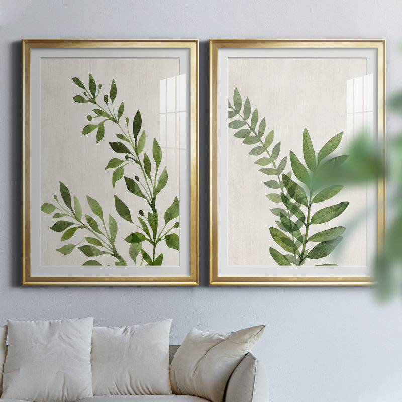 «Botanical Wash I», ensemble de 2 reproductions d'art sur toiles, H 26,5 po x l 73 po x P 1,5 po, Papier avec cadre doré