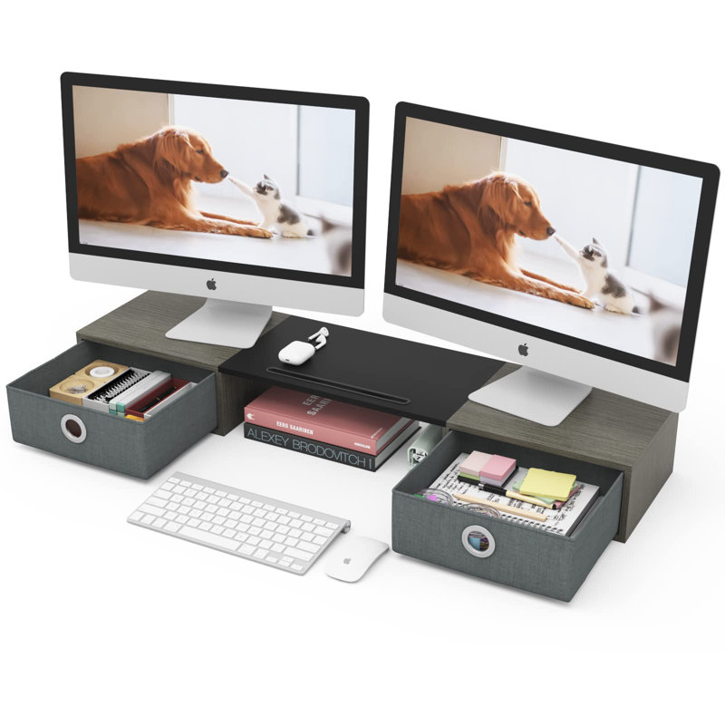 Extra Large Storage Monitor Stand for 2 Monitors, Grey/Black