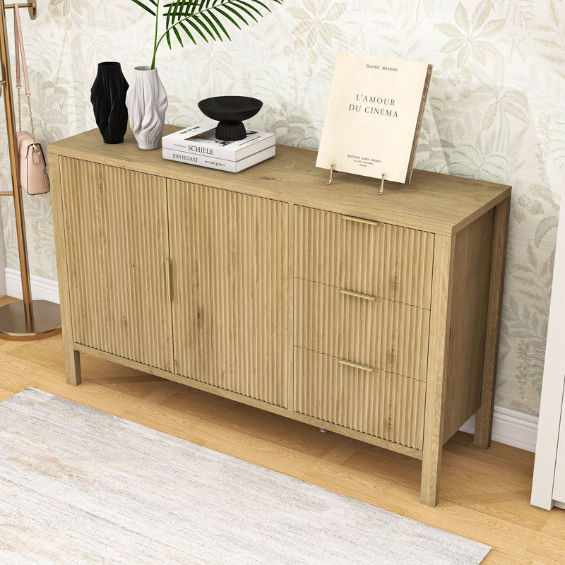 Buffet avec 3 tiroirs, tablettes et crochets, Naturel