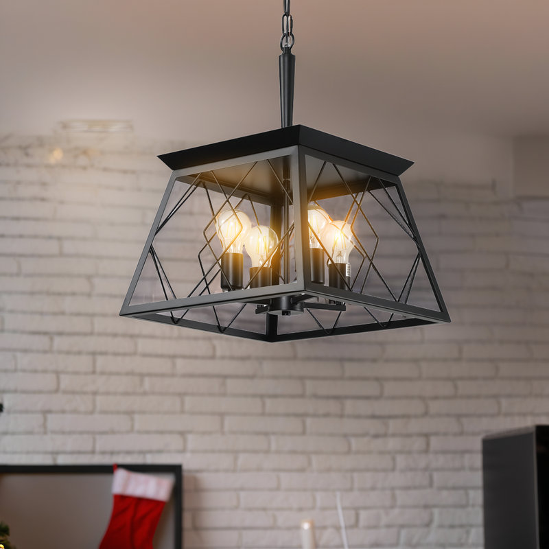 ??4-Light Farmhouse Chandelier Pendant Light - Adjustable Height - Rustic Steel Design - For Dining Room & Kitchen, Black