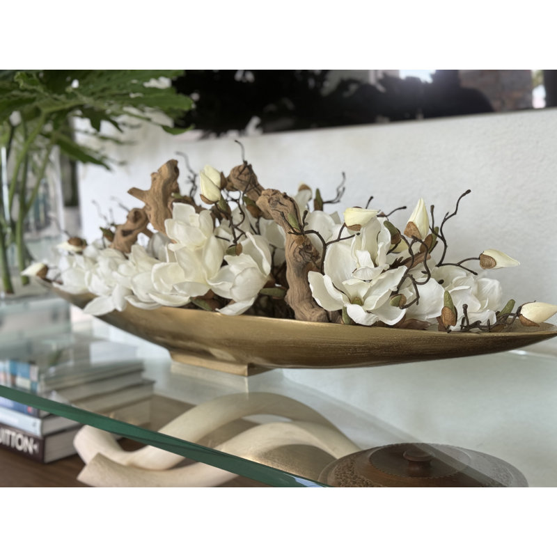 Driftwood and Denver Boat Magnolia Centerpiece, 8" H x 40" W x 5" D, Gold