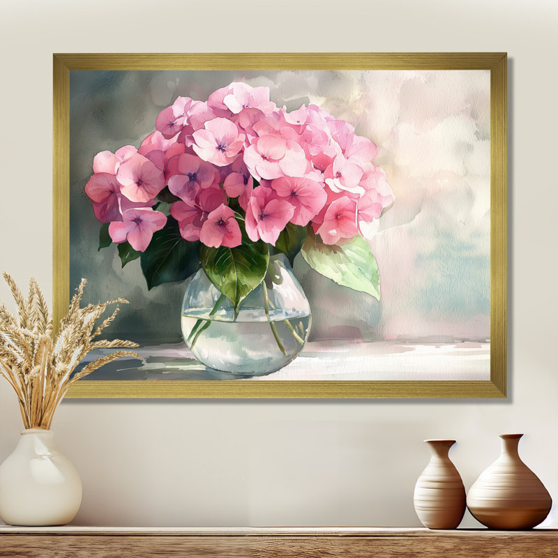 Hortensias dans un vase en verre III - hydrangées, art mural, Reproduction encadrée d'une seule photo sans pass, Doré