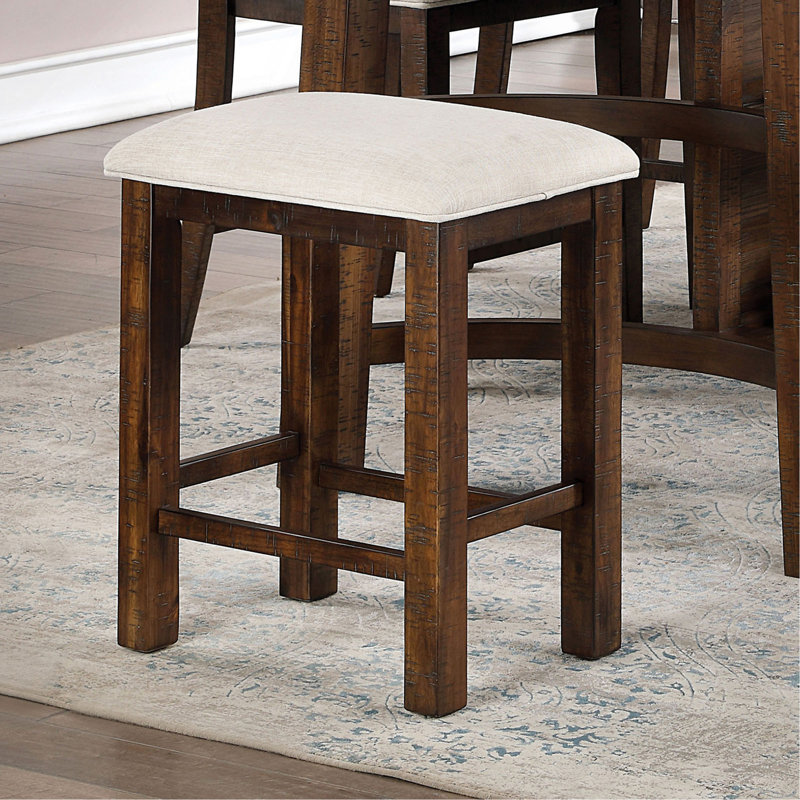 Set Of 2Pcs Counter Height Stools Dining Room Furniture Rustic Oak / Beige Fabric Cushion W/ Welt Slat Back Kitchen Breakfast