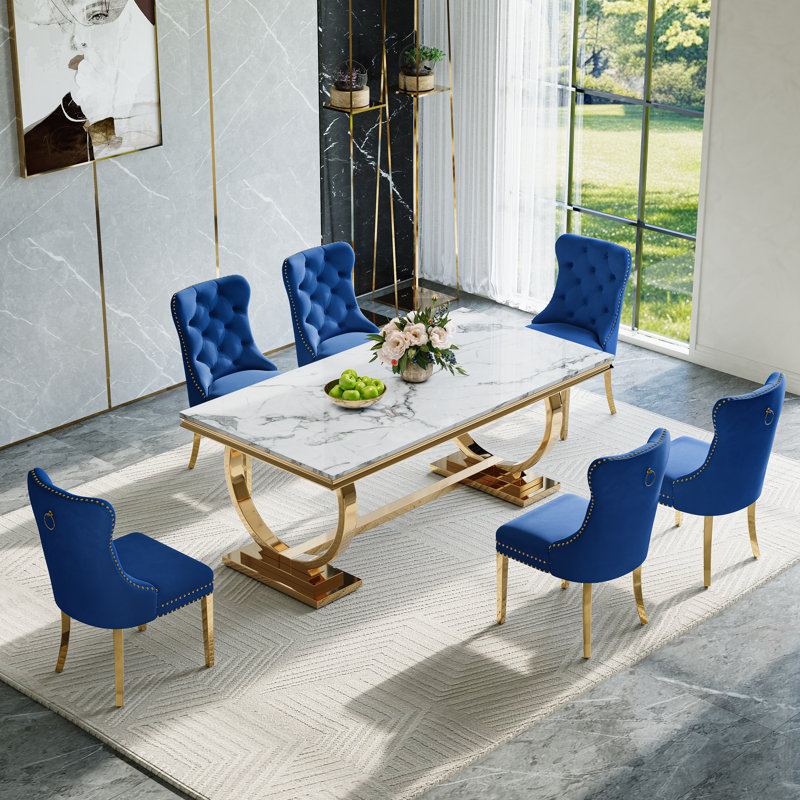 Modern Dining Set – 70" Table With Stainless Steel Base & Velvet Chairs, 7 Pieces: Table, 6 Chairs, White/Gold, Blue/Gold