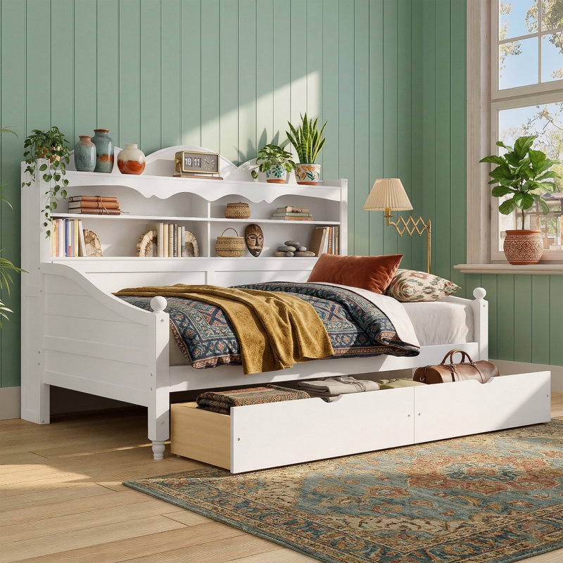 79.3" Twin Daybed With Storage Headboard And 2 Drawers - Solid Wood Bed Frame - Antique Grey, White