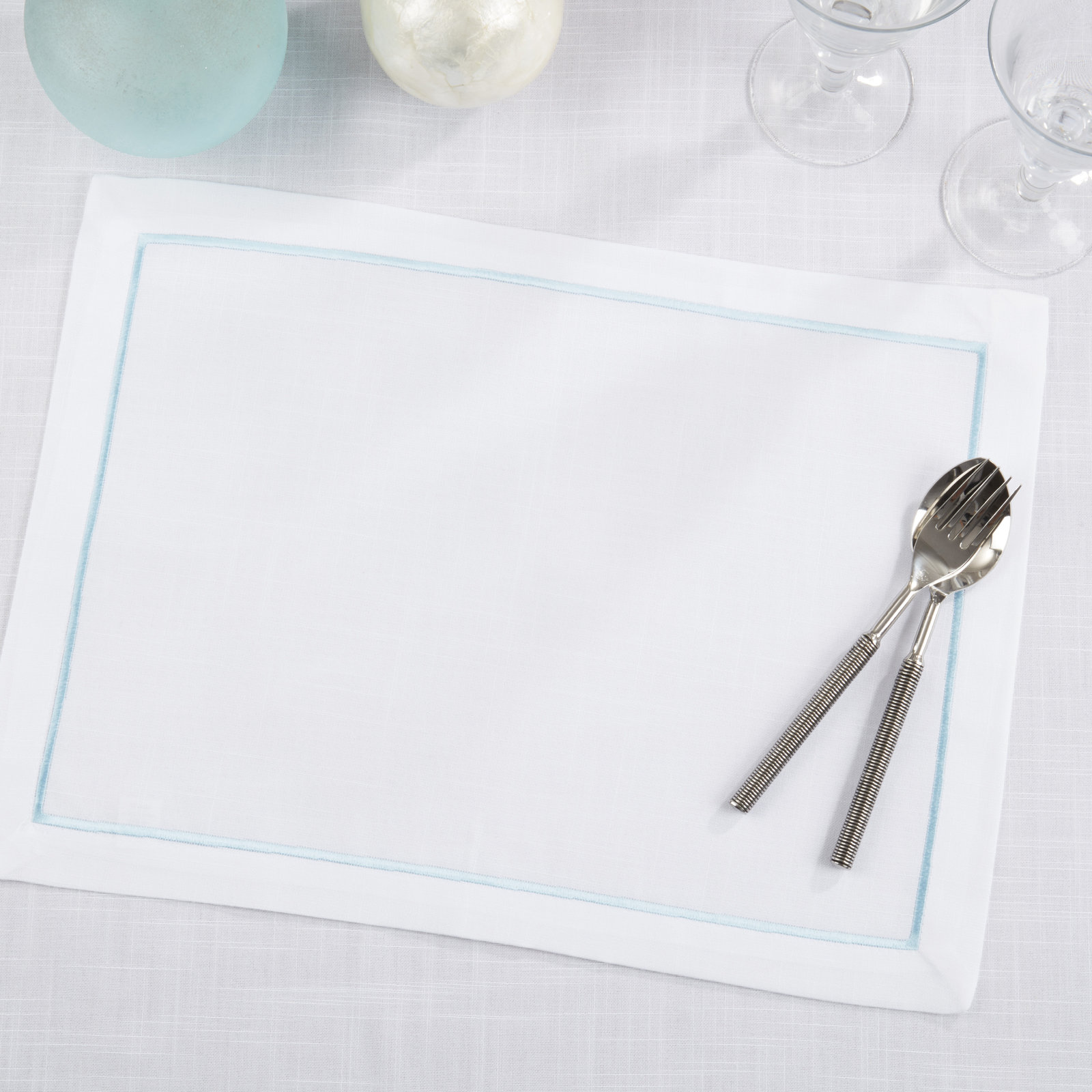 Embroidered Line Design Placemat (Set of 4), Sky Blue