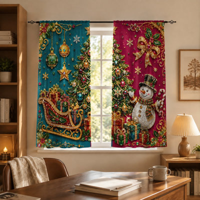 2Pcs Christmas Tree Snowman Sleigh Curtains, Festive Holiday Winter Scene Modern Farmhouse Soft Fabric Rod Pocket Window Drapes For Living Room Bedroom Kitchen Decor