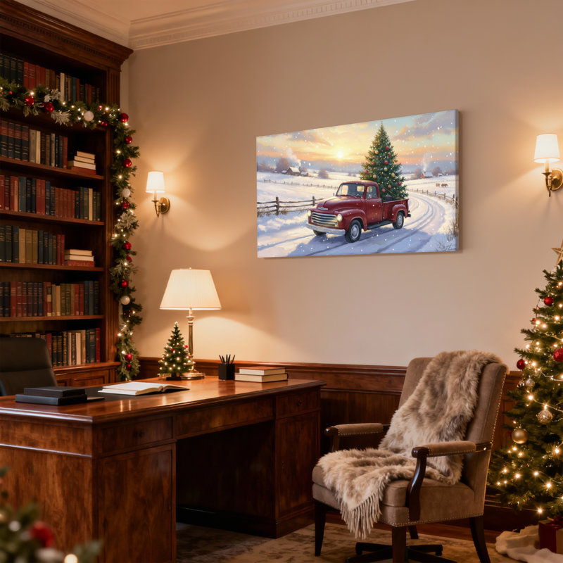 Arbre de Noël de Noël en camion rouge scène d'hiver, H 16 po x l 24 po