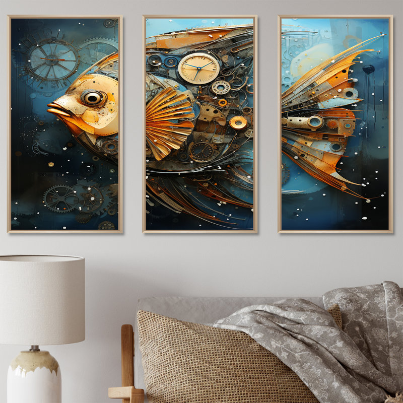 «Yellow Cubist Fish», art mural bleu, Cadre flottant brun, H 32 po x l 48 po