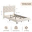 Lit plateforme simple beige avec tête de lit tapissier, hauteur réglable, support à lattes de bois, aucun sommier requis