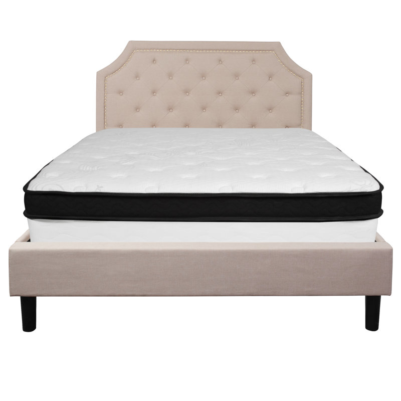 Aluino Arched Tufted Platform Bed and Memory Foam Pocket Spring Mattress, Queen, Beige
