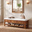 Banc de 55 po en bois massif avec tiroirs, étagère à coussins et à chaussures, banc à chaussures rembourré, banc de rangement de ferme pour vestibule, chambre à coucher, vestibule