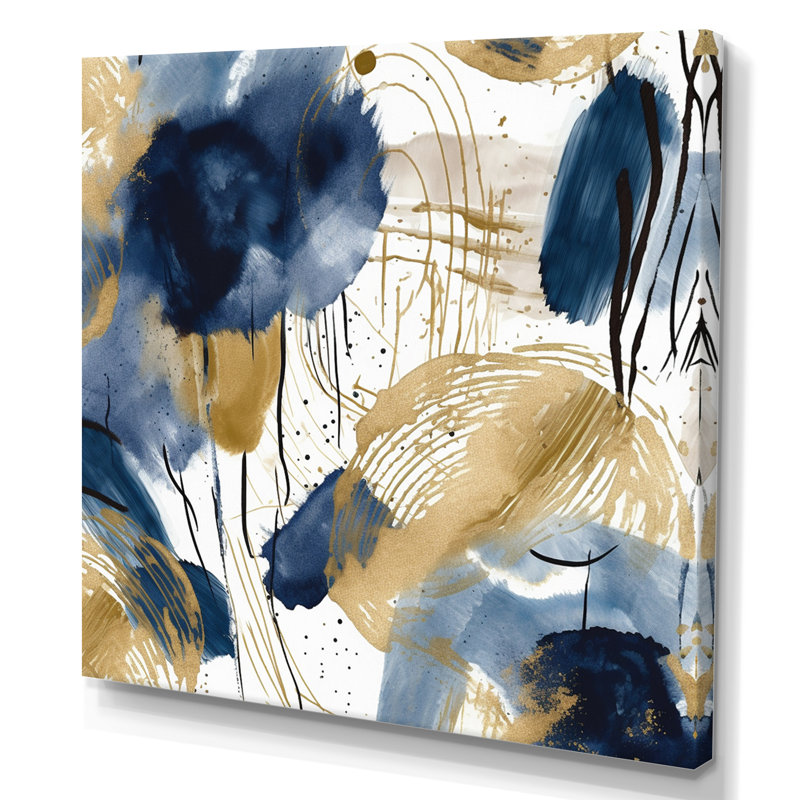 Motif abstrait avec textures bleues et dorées III - impression, H 36 po x l 36 po x P 1,5 po, Toile tendue