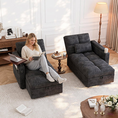 Canapé-lit modulable de 168 cm avec méridienne double de rangement, dossier réglable à 5 positions, port USB, tablette latérale pliable et porte-gobelet, canapé-lit d'angle convertible en chenille pour salon d'appartement, D