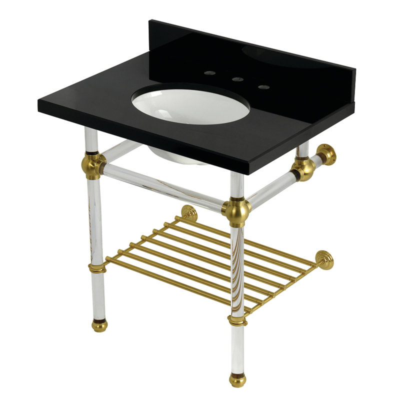 Kingston Brass Templeton 30-Inch Black Granite Console Sink with Acrylic Legs and Shelf (8-Inch, 3-Hole), Brushed Brass