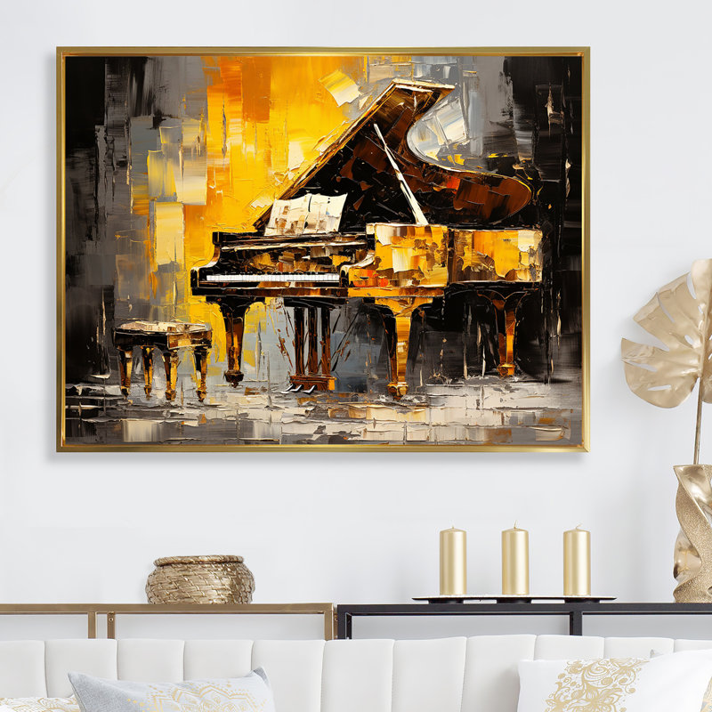 «Yellow and Black Piano Jazzed Keys I», reproduction sur toile, Cadre flottant doré, H 12 po x l 20 po x P 1 po