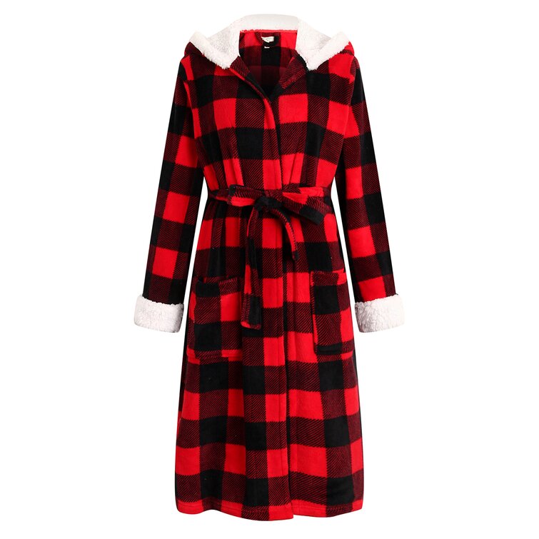 Tulay Warm Red Plaid Fleece Hooded Robe Checkered Dressing Gown Loungewear Bath Housecoat Sleepwear for Ladies RHW2876 Millwood Pines Size: XL