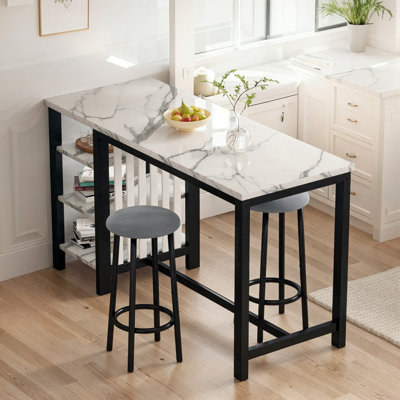 Bar Table Set For 2 With Storage Shelves, 4-Tier Faux Marble Bar Height Table With 2 Grey Velvet Upholstered Stools, Modern 3-Piece Dining Table Set O by Ebern Designs