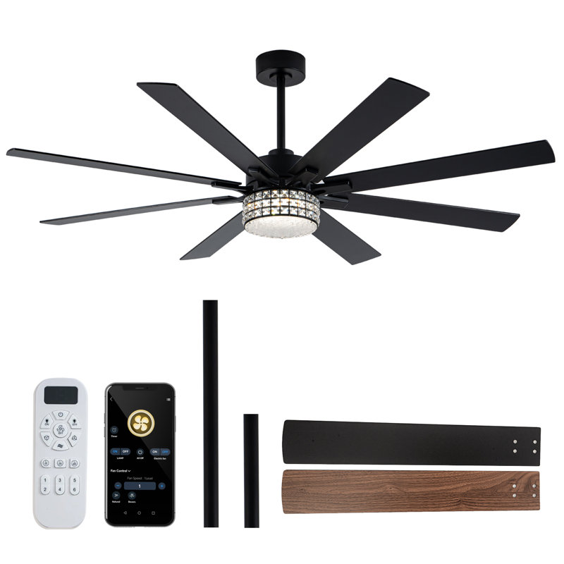 65 in. 8-Blade Black Finish Low Profile Downrod Crystal Ceiling Fan with Integrated LED, Two-Toned Blades, 65 inch