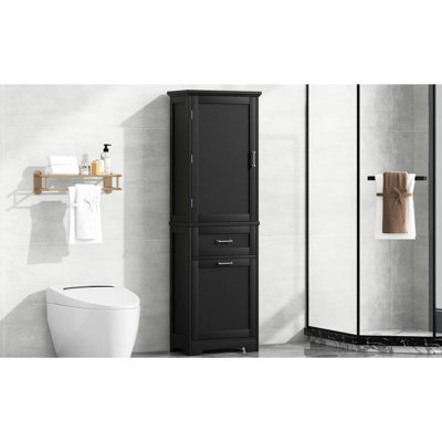 Black Freestanding Tall Bathroom Cabinet With Two Different Size Drawers, Adjustable Shelf, Slide Rails And - Toppling Protection For Home Storage Water Painted Finish