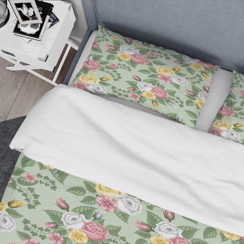 Green Leaf and Flowers - Ensemble de housse de couette floral - Polyester microfibre