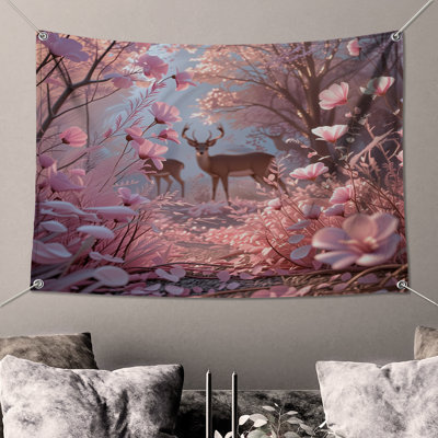 Deer With Pink Flowers Wall Tapestry - Deer Wall Decor