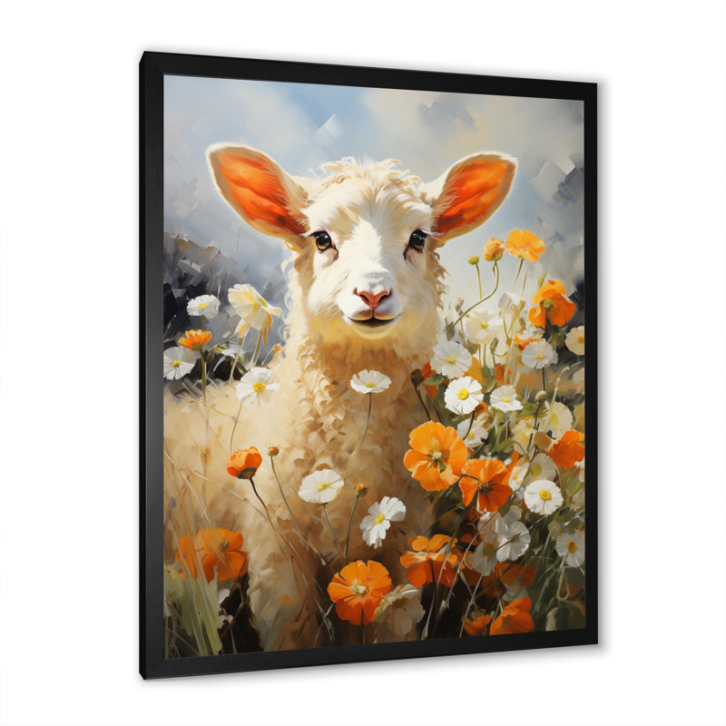 Sheep In Daisies - animaux, impressions sur toile, H 32 po x l 16 po x P 1 po, Cadre photo noir