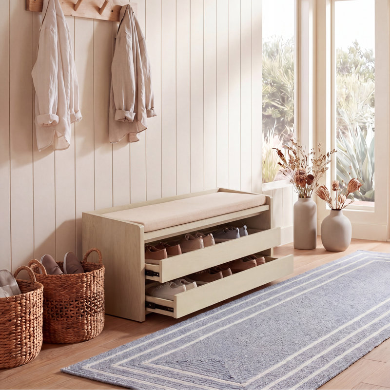 Josette Linen Upholstered Storage Bench, White Wash