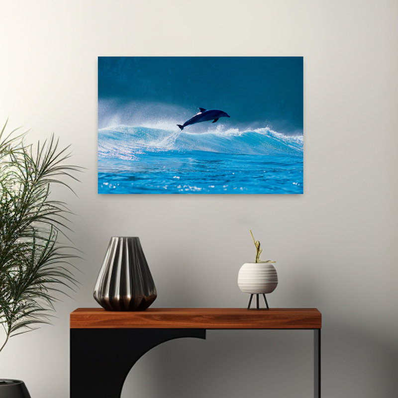 Art contemporain de dauphin commun brisant dans la mer, H 16 po x l 24 po