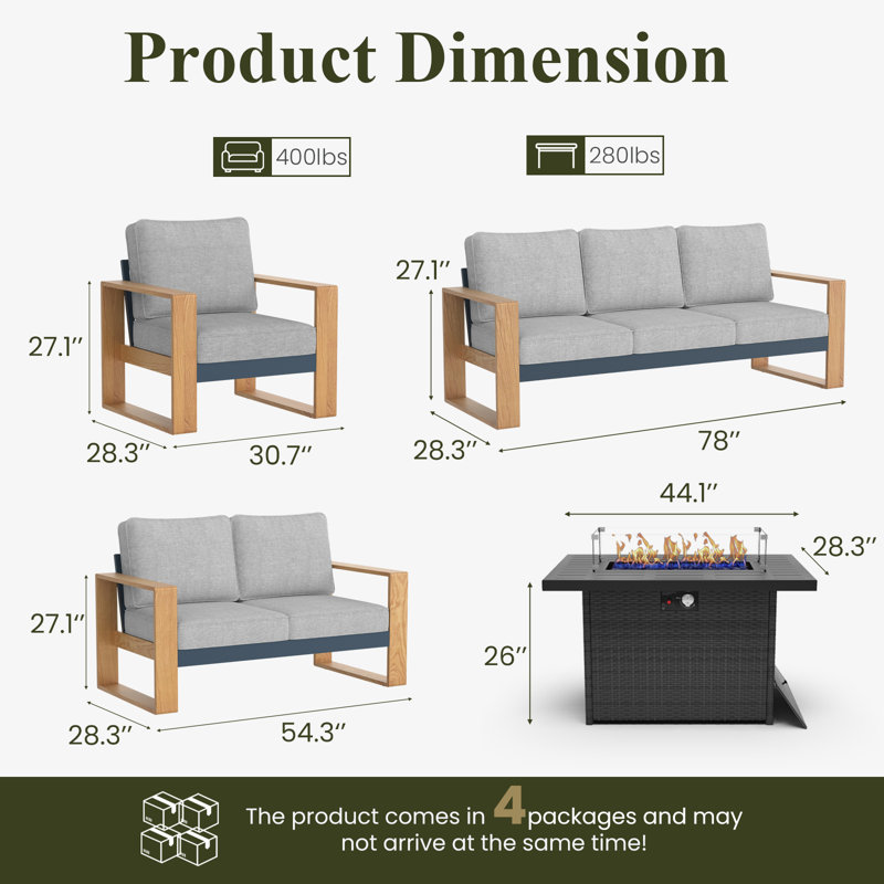 Modern Aluminum 5-piece Patio Conversation Set With Firepit Table, Outdoor All Weather Furniture Set, Light Gray