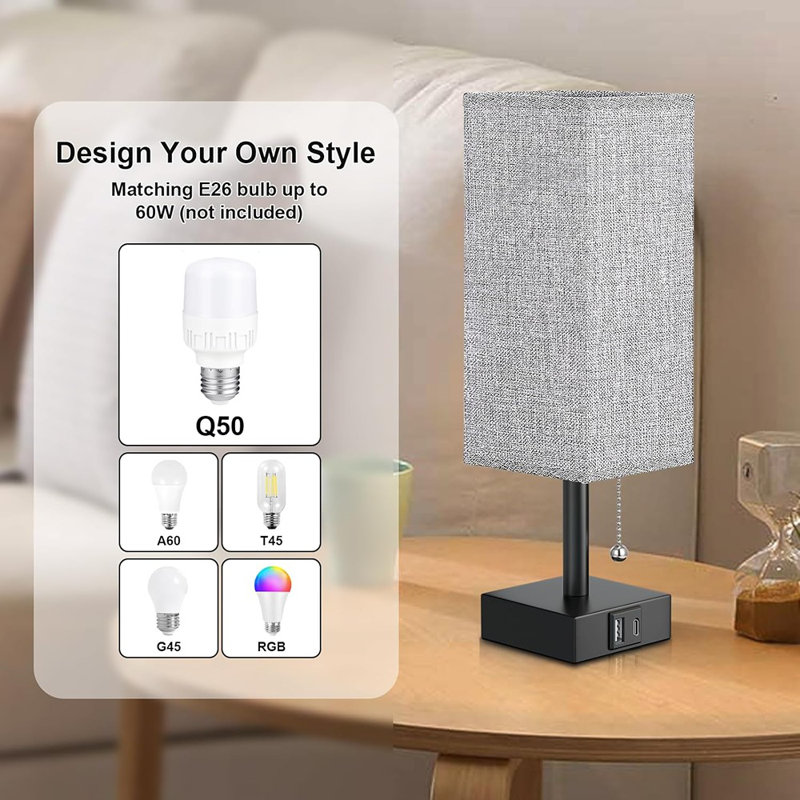 Lampe de chevet de chambre à coucher avec ports USB Ebern Designs: lampe de table grise avec USB C et table de chevet avec ports de charge, lampe de bureau compacte pour garçon, sans ampoule incluse