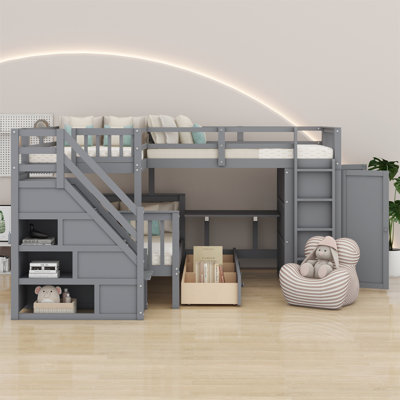 Lit superposé en L avec 3 tiroirs, bureau portable et garde-robe