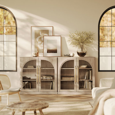 Set of 2 Modular Sideboard with Arched Display Glass Door,Sand