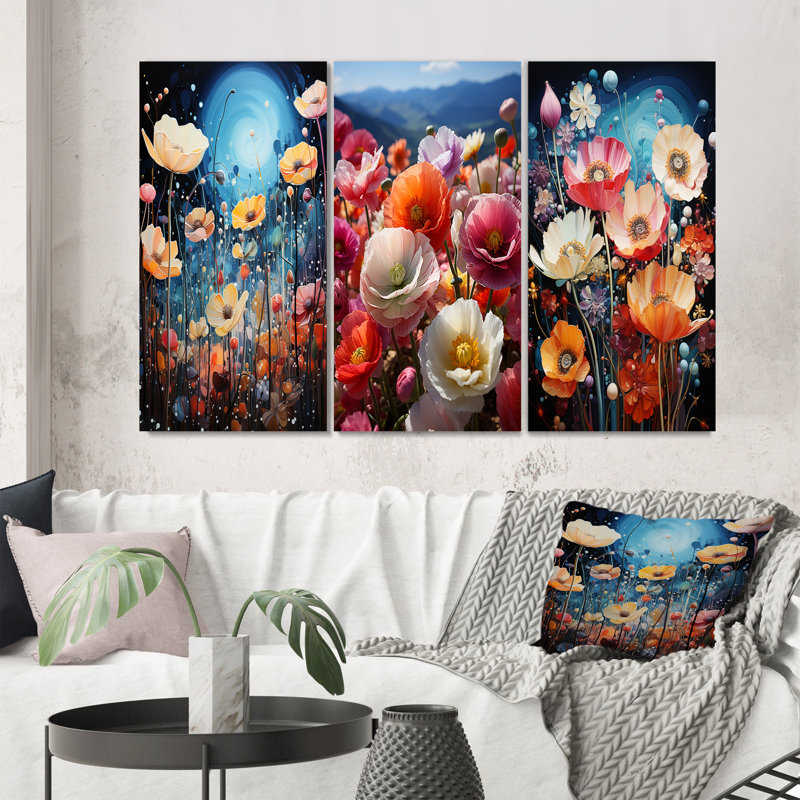 «Fleurs bleues jaunes et fleurs enchantées», 3 pièces sur toile, H 28 po x l 36 po, Toile tendue