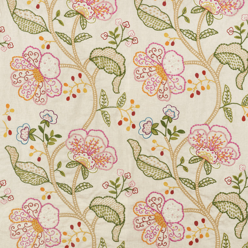 Tissu de broderie pleine fleur, Vert, jaune et rose