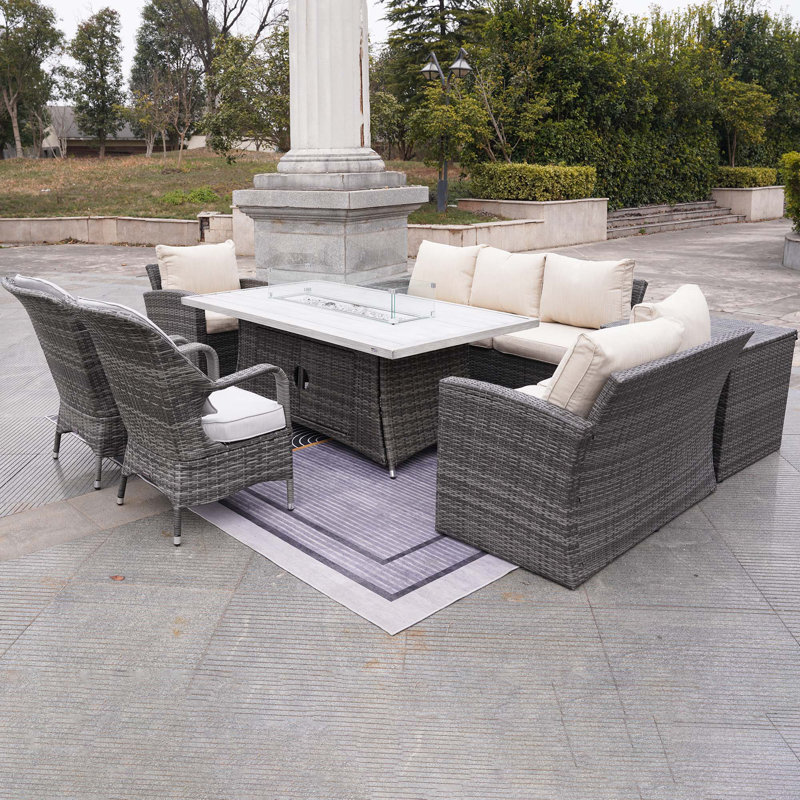 Ensemble de conversation en osier / rotin pour 8 personnes Floria, Gris clair, Gris / gris clair