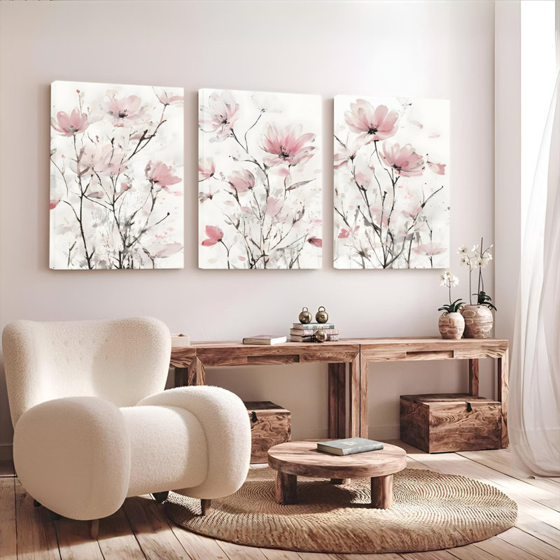 «Blush Floral», reproduction d'art sur toile tendue sur toile abstraite (ensemble de 3), H 36 po x l 72 po