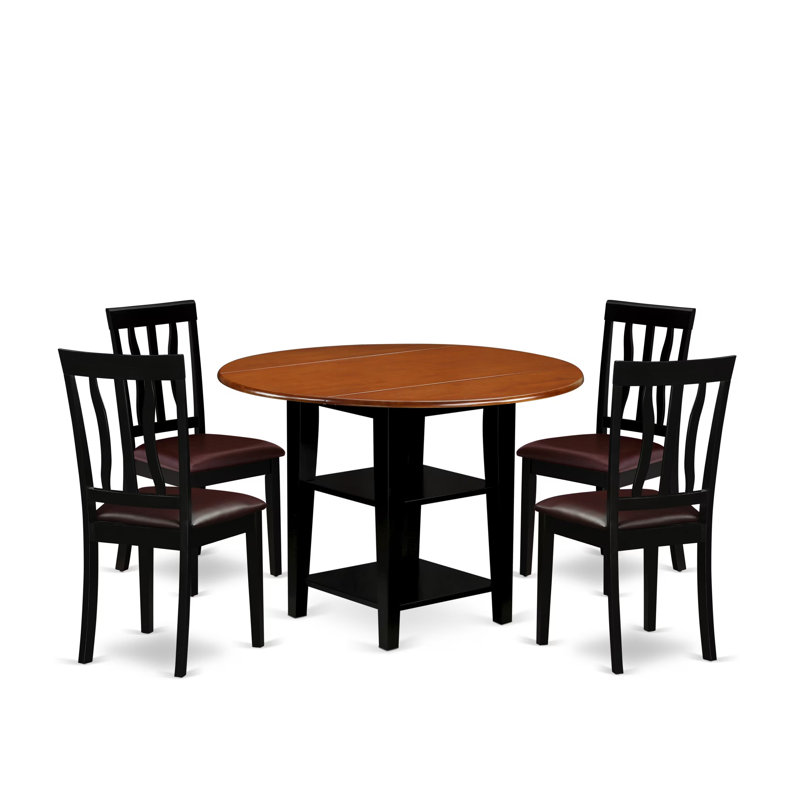 Ensemble de table de cuisine 5 pièces comprenant une table de salle à manger ronde avec abattant et étagères et 4 chaises rembourrées en similicuir, 107 x 107 cm, noir et cerisier