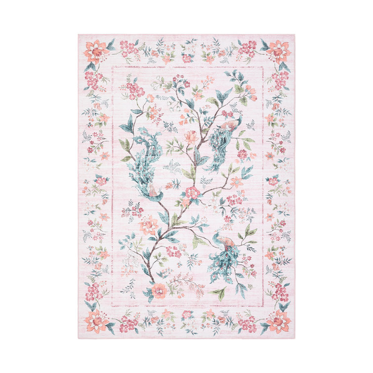 Washable Rugs for Bedroom Ultra-Soft Floral Peacock Floor Mats, Stain-Resistant Farmhouse Indoor Carpet with Non-Slip Backing, Foldable Thin Accent Rug for Living Room, Nursery