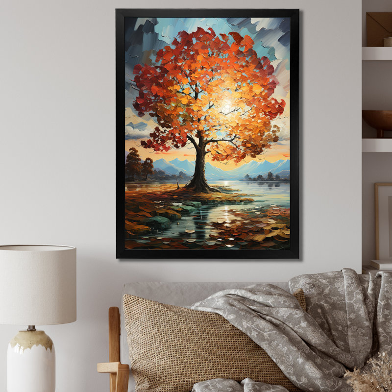 Orange, bleu sarcelle, érable majestueux, érable, art mural encadré, H 44 po x l 34 po x P 1,5 po, Cadre simple noir
