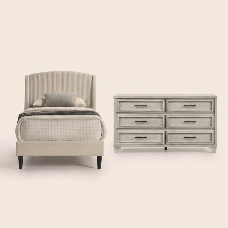 Jolande Contemporary 2 Pieces Bedroom Set, Twin, 2 Pcs: Bed, Dresser