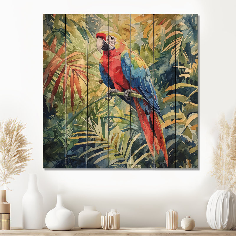 Perroquet tropical dans la forêt tropicale I - Art mural en bois de perroquet - sur bois de pin naturel