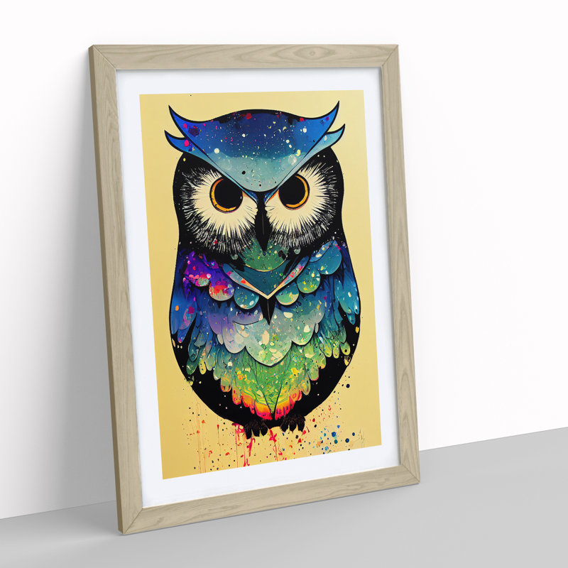 Paint Splashed Owl No.2 Abstract - Framed Print, 64cm H x 46cm W x 2cm D, Oak