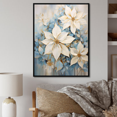 "Poinsettias" beige et bleu, variété florale I, impression sur toile
