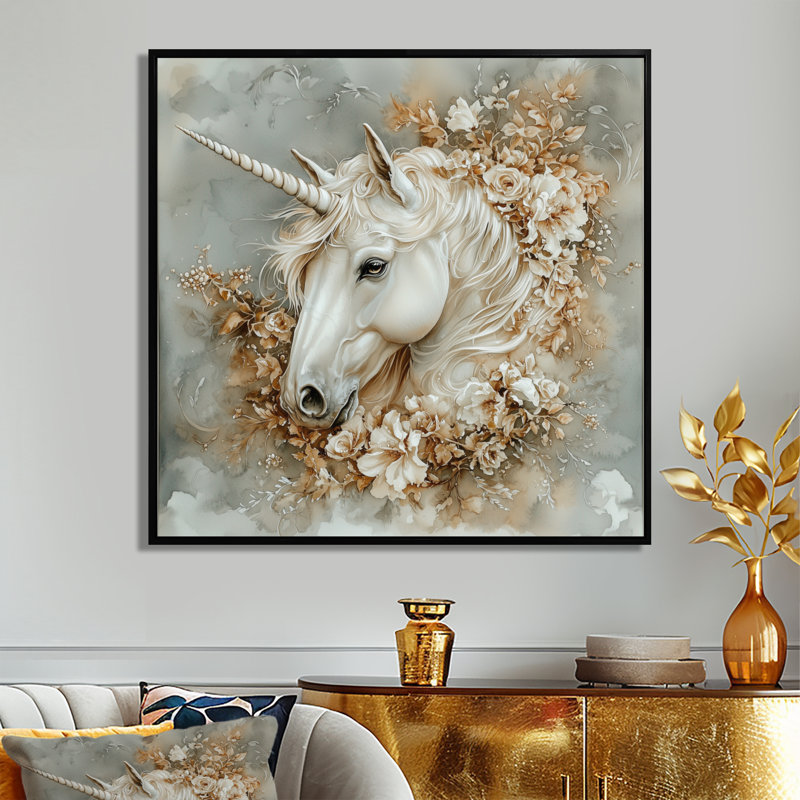 «Magical Unicorn Portrait» - impression d'art mural licornes, H 16 po x l 16 po, Noir