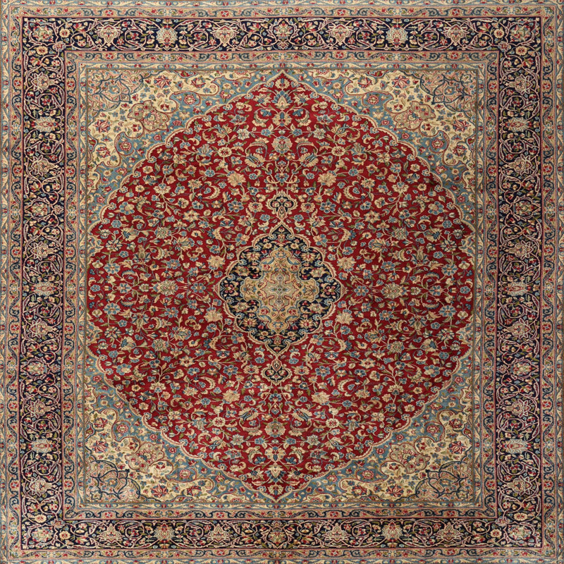 Tapis rouge/bleu traditionnel Arata, Carré 5 pi