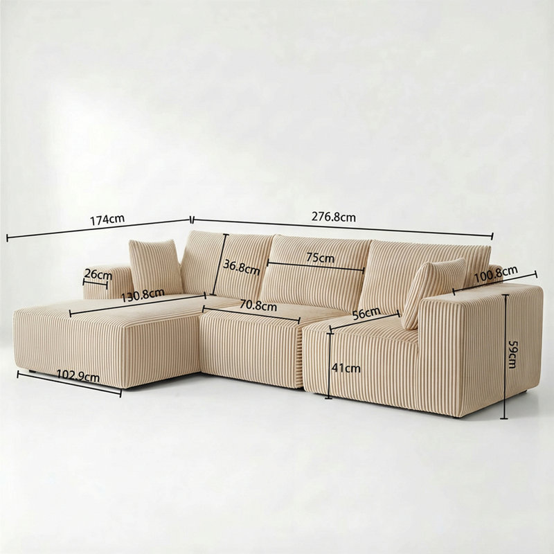 Canapé modulaire moderne en L avec méridienne, Velours côtelé beige
